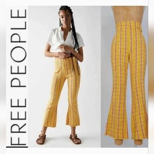 Free People Fine Line Slim Pants Flare Yellow Stripe Smocked Boho Retro Size Med